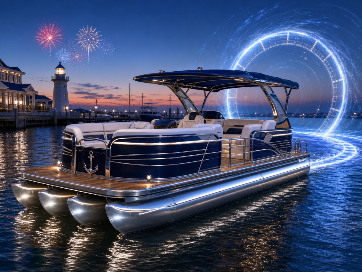 The USS Maybe Later Time-Travel Tritoon cutting luminous rings through the wake.